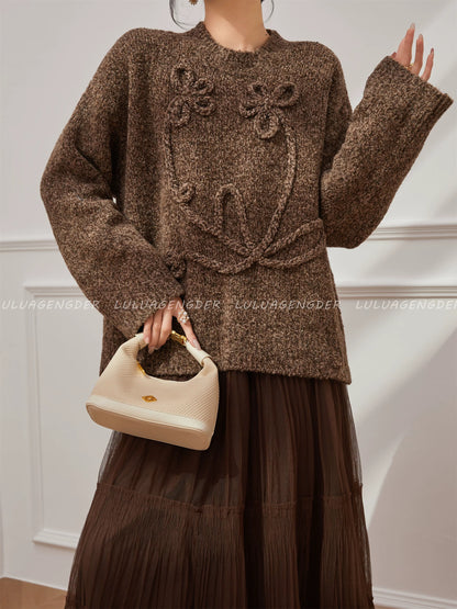 Lulu's French retro Maillard style round neck sweater, new autumn style, three-dimensional design, long sleeve knitwear.