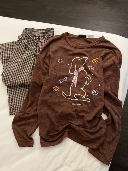 Women's Long-Sleeve Pajama Set (Maillard Style with Puppy Print & Plaid Pants) – New for Autumn 2026; Suitable for Lounging or Casual Outings