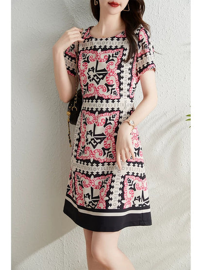 French retro big-name printed short-sleeved dress for women summer 2024 new style waist slimming a-line skirt