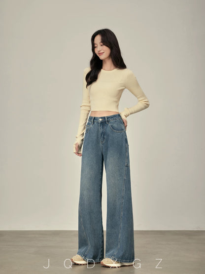 The rise of small women's high-waisted jeans, lazy and loose-feeling wide-leg pants, spring and autumn slimming and high-skimming pants