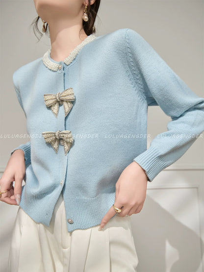 Lulu's style bow-knot knitted cardigan for women, new autumn style, fashionable, versatile, slim-fitting sweater.