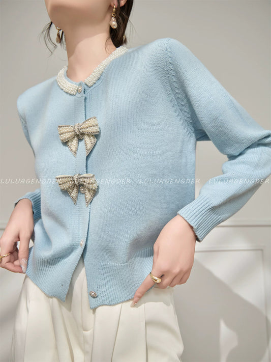 Lulu's style bow-knot knitted cardigan for women, new autumn style, fashionable, versatile, slim-fitting sweater.