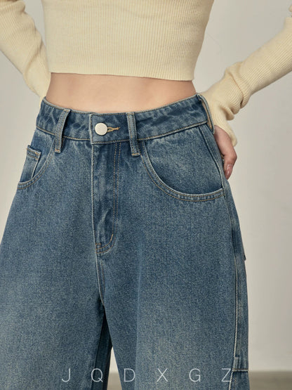 The rise of small women's high-waisted jeans, lazy and loose-feeling wide-leg pants, spring and autumn slimming and high-skimming pants