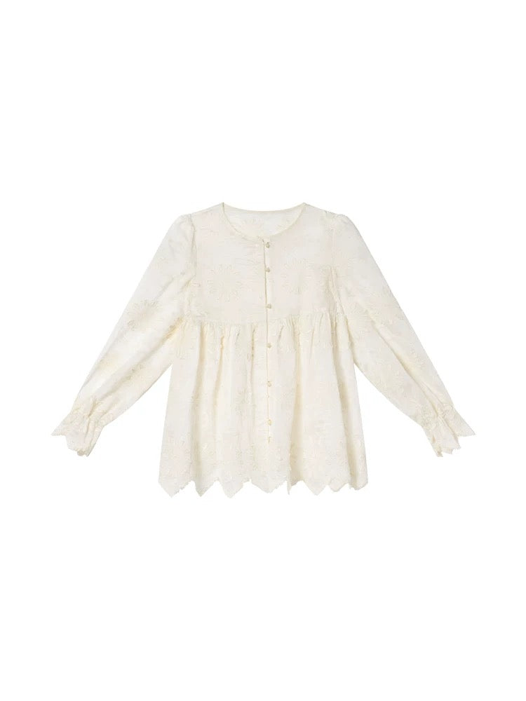 Hello Canon three-dimensional embroidery new Chinese button pleated shirt women's autumn new loose temperament long-sleeved shirt