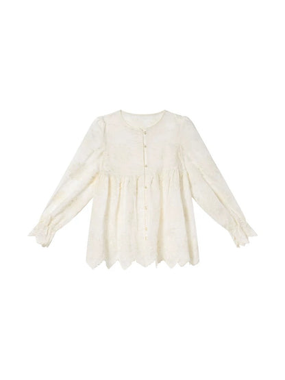 Hello Canon three-dimensional embroidery new Chinese button pleated shirt women's autumn new loose temperament long-sleeved shirt