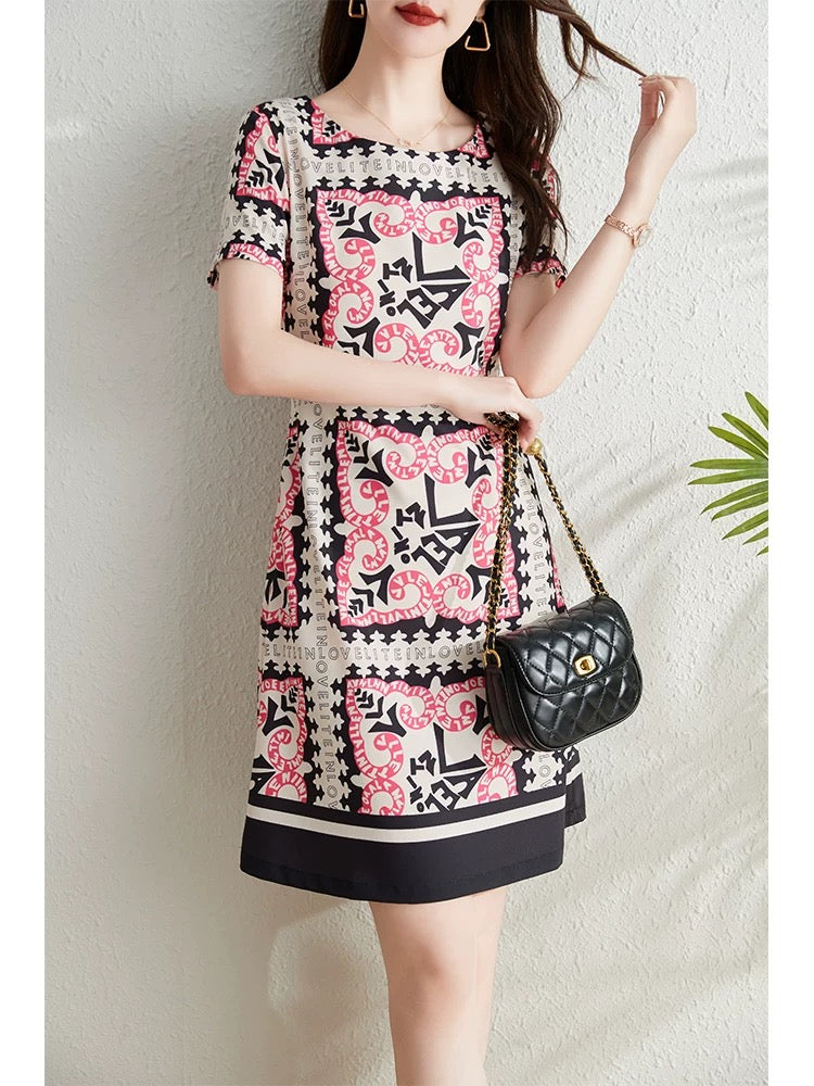French retro big-name printed short-sleeved dress for women summer 2024 new style waist slimming a-line skirt