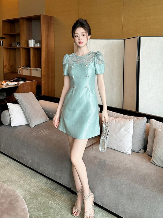 Women's 2025 new summer temperament round neck puff sleeve patchwork waist hip dress small height wear
