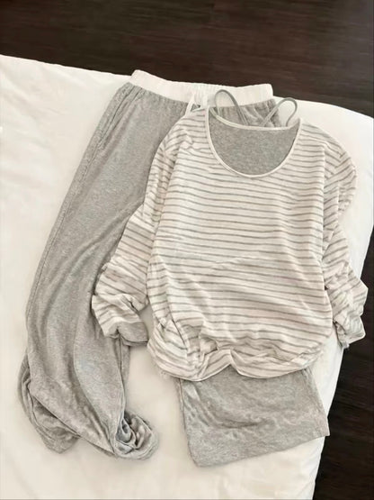 Korean-style striped long-sleeve top, camisole, and trousers 3-piece pajama set (suitable for casual outings) – Autumn 2026 New Arrival