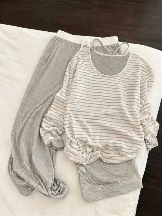 Korean-style striped long-sleeve top, camisole, and trousers 3-piece pajama set (suitable for casual outings) – Autumn 2026 New Arrival