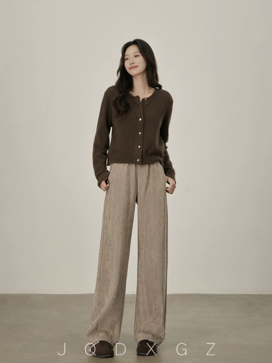 The rise of small people, elastic waist casual pants, women's autumn and winter high-waist drape pants, loose, lazy style, straight-leg wide-leg pants