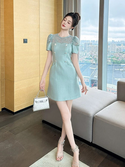 Women's 2025 new summer temperament round neck puff sleeve patchwork waist hip dress small height wear