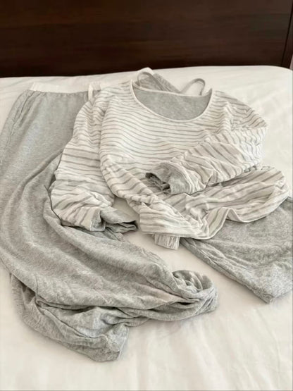 Korean-style striped long-sleeve top, camisole, and trousers 3-piece pajama set (suitable for casual outings) – Autumn 2026 New Arrival