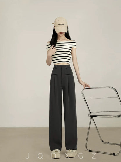 Rising little gray narrow wide-leg pants for women, autumn casual trousers, pear-shaped body pants, straight-leg suit pants