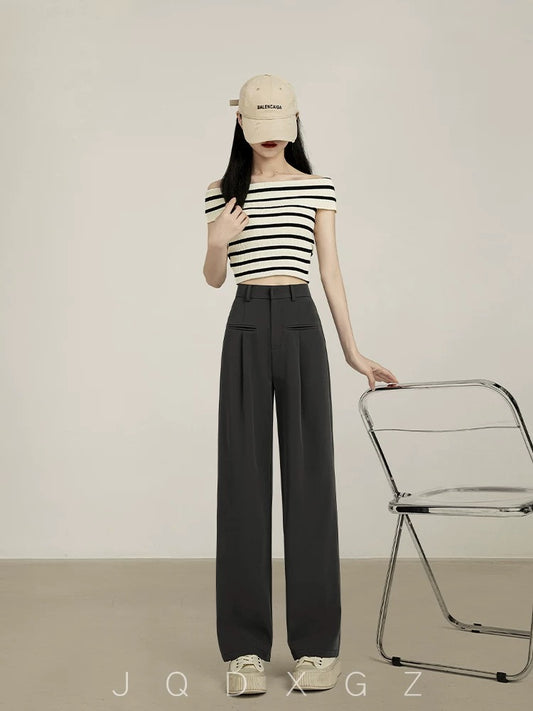 Rising little gray narrow wide-leg pants for women, autumn casual trousers, pear-shaped body pants, straight-leg suit pants