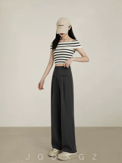 Rising little gray narrow wide-leg pants for women, autumn casual trousers, pear-shaped body pants, straight-leg suit pants