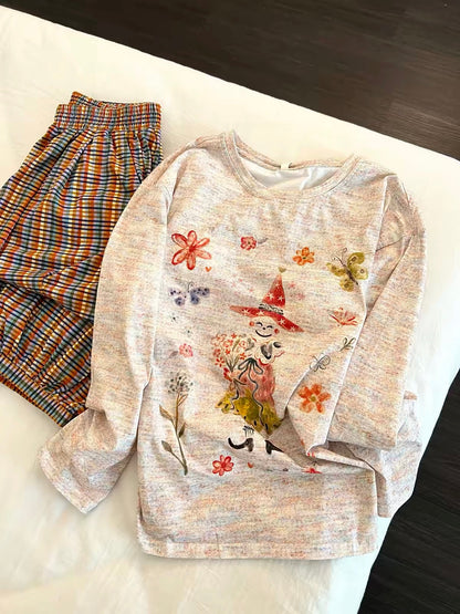 Korean-style long-sleeved pajama set featuring a stylish, unique design; includes versatile plaid trousers—suitable for lounging at home or wearing out.