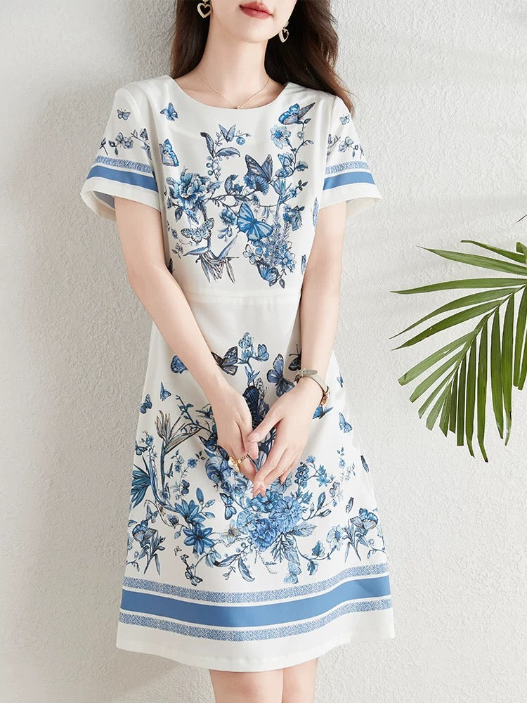 French fashion butterfly print dress for women summer 2024 new style waist slimming elegant a-line skirt