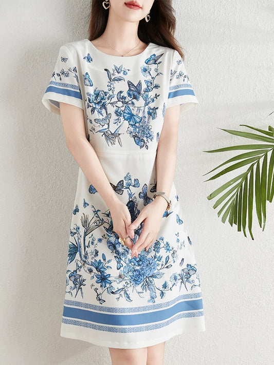 French fashion butterfly print dress for women summer 2024 new style waist slimming elegant a-line skirt
