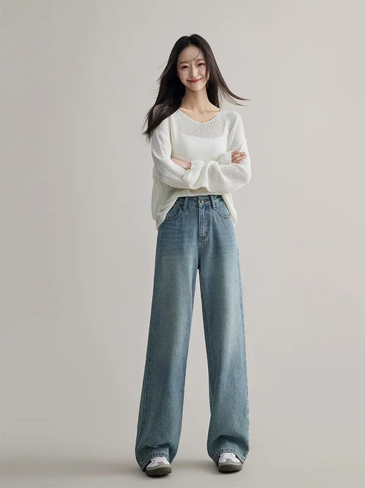 Rising little blue straight-leg jeans for women in spring and autumn narrow wide-legged high-waisted slimming loose floor-length trousers