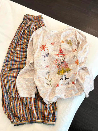Korean-style long-sleeved pajama set featuring a stylish, unique design; includes versatile plaid trousers—suitable for lounging at home or wearing out.