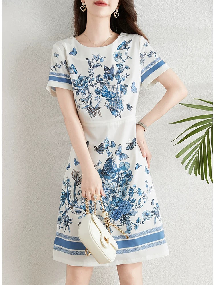 French fashion butterfly print dress for women summer 2024 new style waist slimming elegant a-line skirt