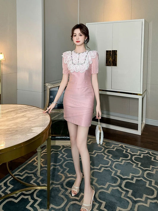 Small dress summer fashion age-reducing temperament lady lace splicing pink puff sleeve slim hip skirt