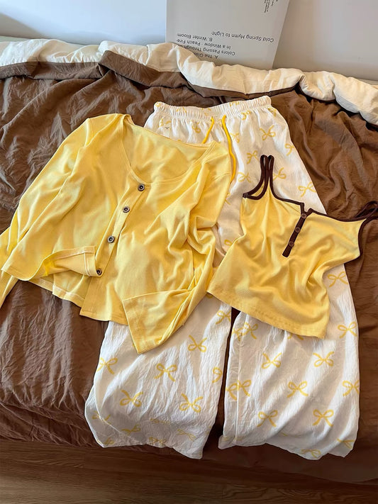 Korean-style yellow camisole pajama set for women (Autumn 2026 new arrival)—includes a cardigan and trousers; suitable for lounging or casual outings.