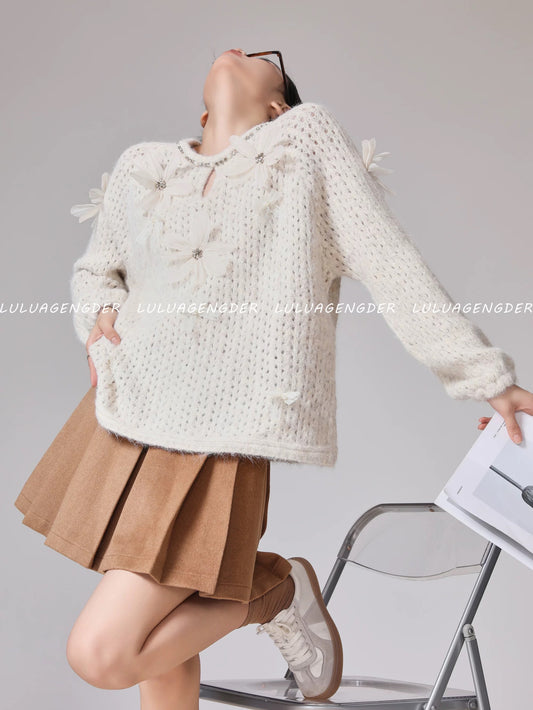 Lulu's style, side-slit sunflower bow sweater for women, 2025 new Korean style high-end fashion top.