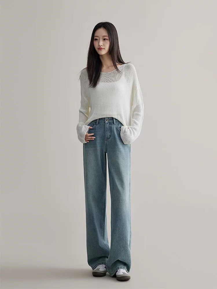 Rising little blue straight-leg jeans for women in spring and autumn narrow wide-legged high-waisted slimming loose floor-length trousers