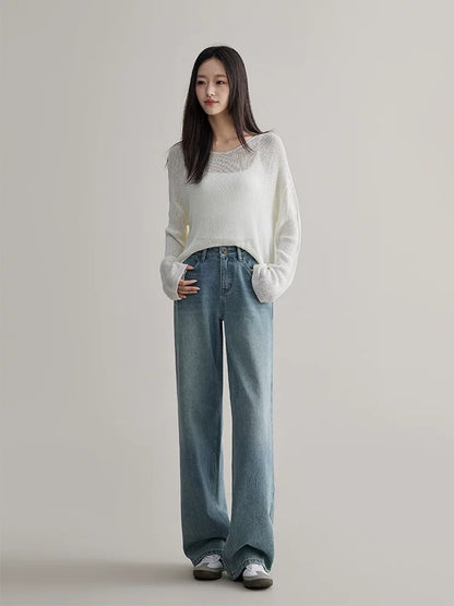 Rising little blue straight-leg jeans for women in spring and autumn narrow wide-legged high-waisted slimming loose floor-length trousers