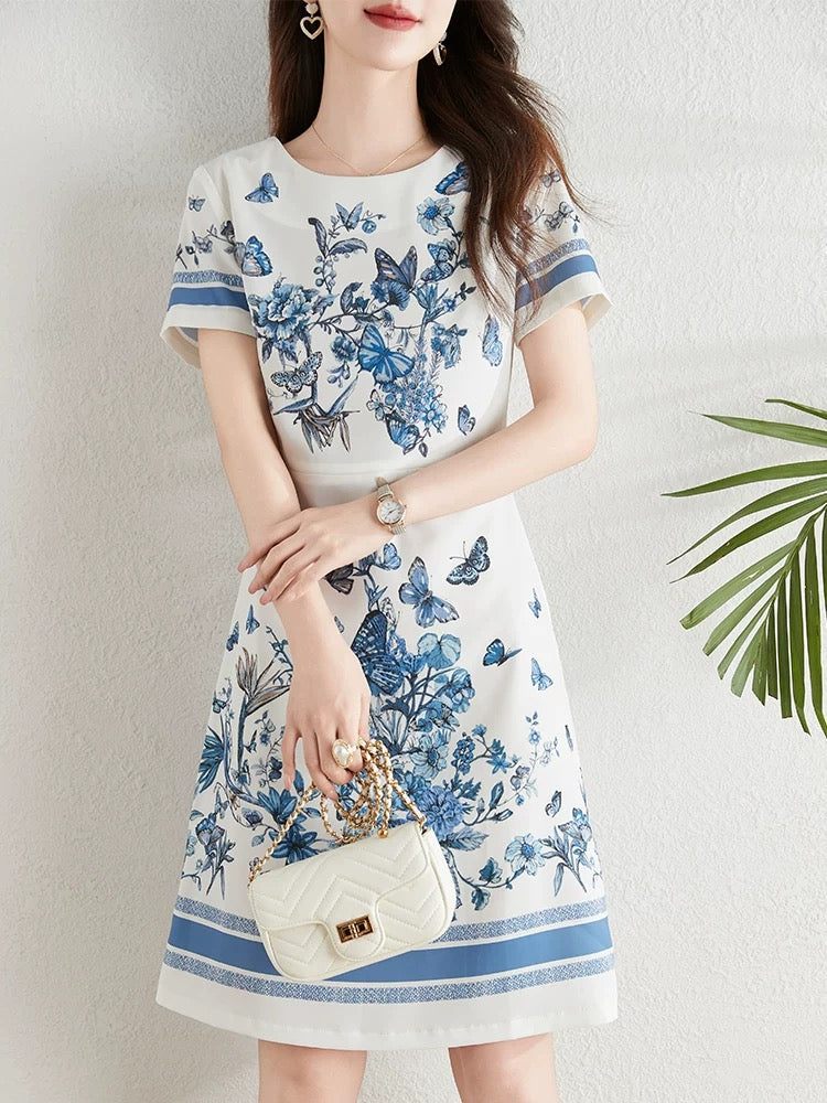 French fashion butterfly print dress for women summer 2024 new style waist slimming elegant a-line skirt