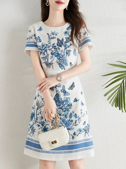 French fashion butterfly print dress for women summer 2024 new style waist slimming elegant a-line skirt