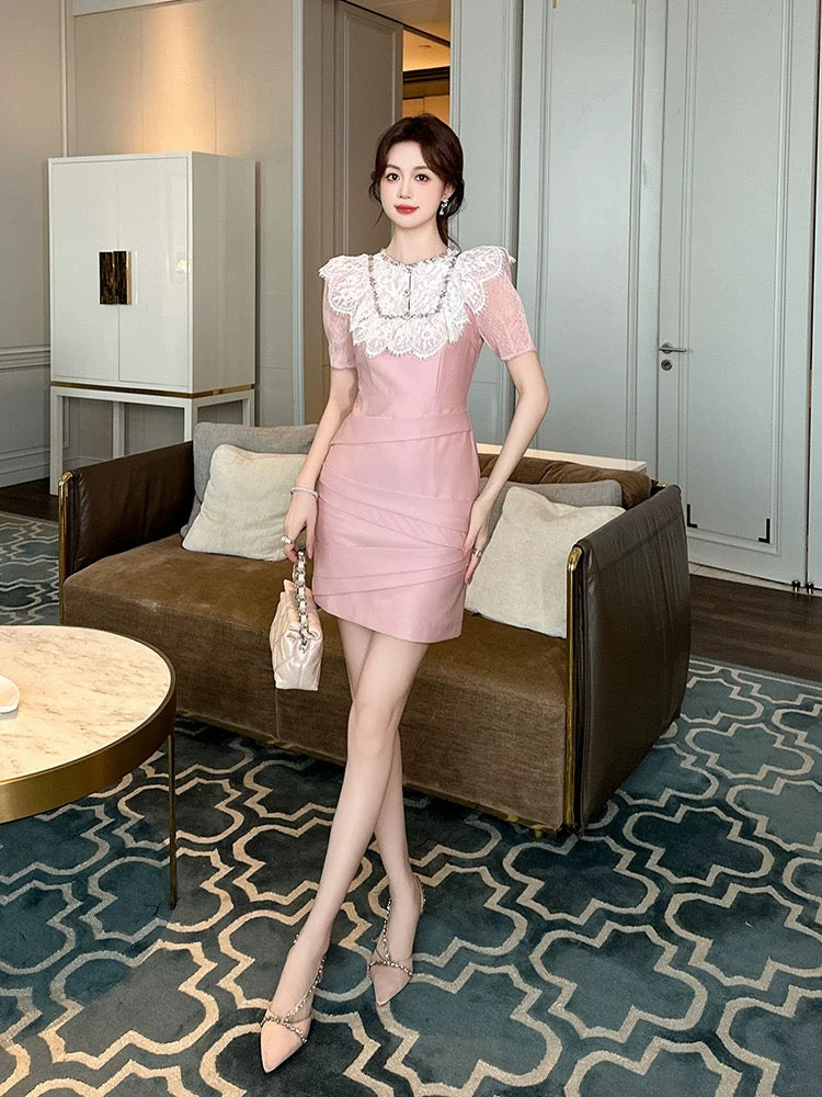 Small dress summer fashion age-reducing temperament lady lace splicing pink puff sleeve slim hip skirt