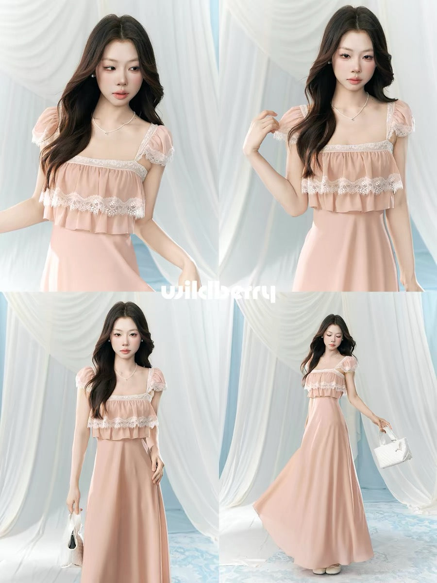 A small wild berry pink square neck short-sleeved dress, a new spring style for women, with a faux two-piece design and a fitted waist, elegant long dress.