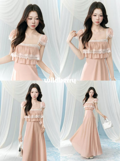 A small wild berry pink square neck short-sleeved dress, a new spring style for women, with a faux two-piece design and a fitted waist, elegant long dress.