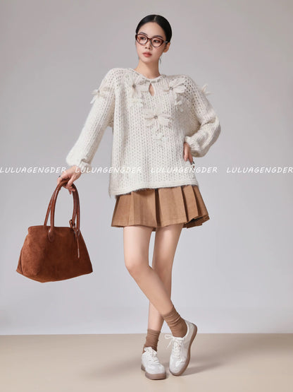 Lulu's style, side-slit sunflower bow sweater for women, 2025 new Korean style high-end fashion top.