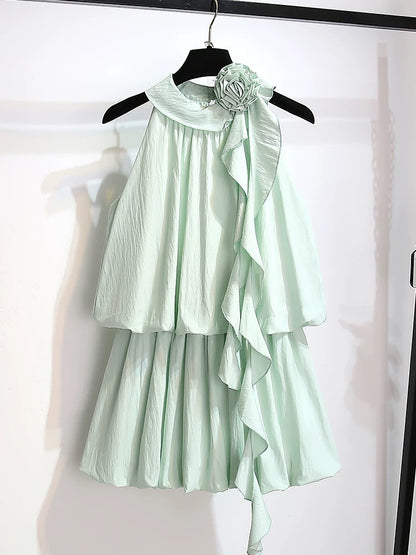 Beautiful mint green sleeveless top fluffy flower bud short skirt two-piece suit female 2025 summer new halter neck dress