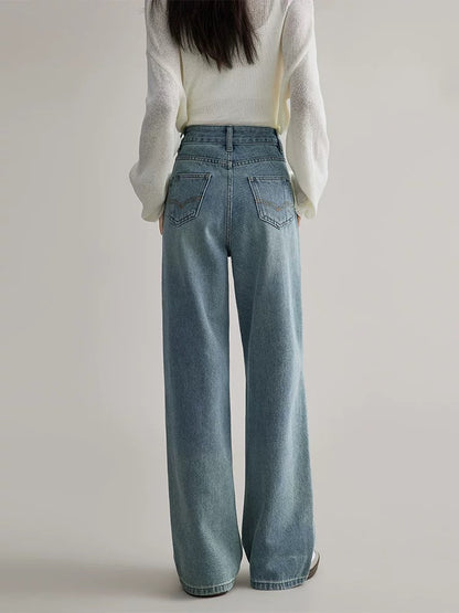 Rising little blue straight-leg jeans for women in spring and autumn narrow wide-legged high-waisted slimming loose floor-length trousers
