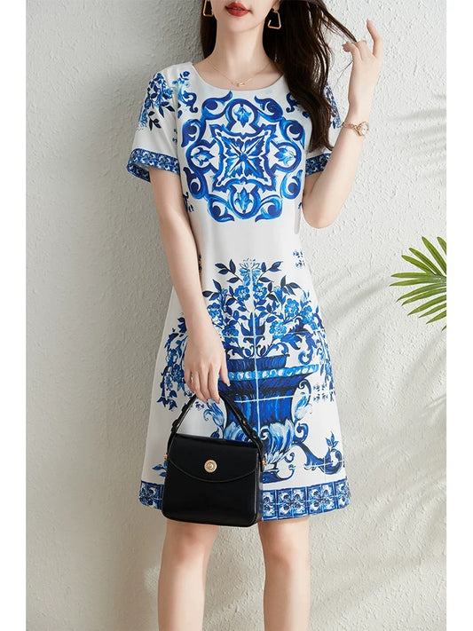 French design big-name printed dress for women summer 2024 new style waist-covering belly-looking a-line skirt