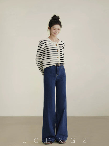 The rise of small women's low-leg bell bottoms, spring and autumn high-waisted bootcut jeans, dark blue loose wide-leg pants