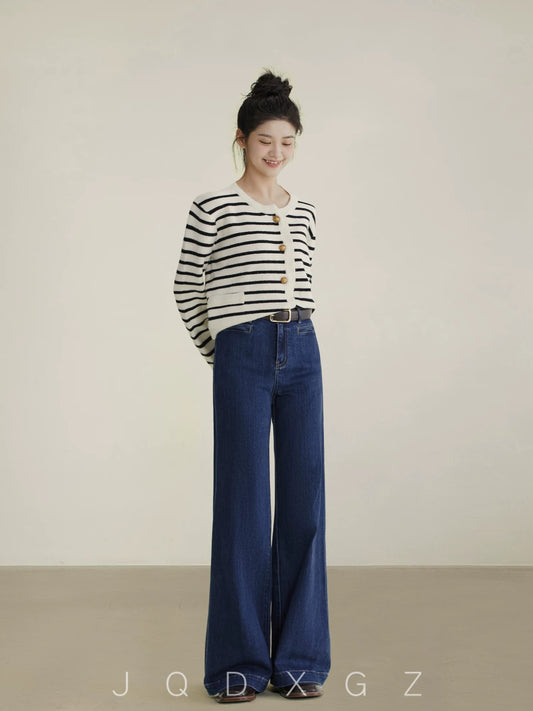The rise of small women's low-leg bell bottoms, spring and autumn high-waisted bootcut jeans, dark blue loose wide-leg pants