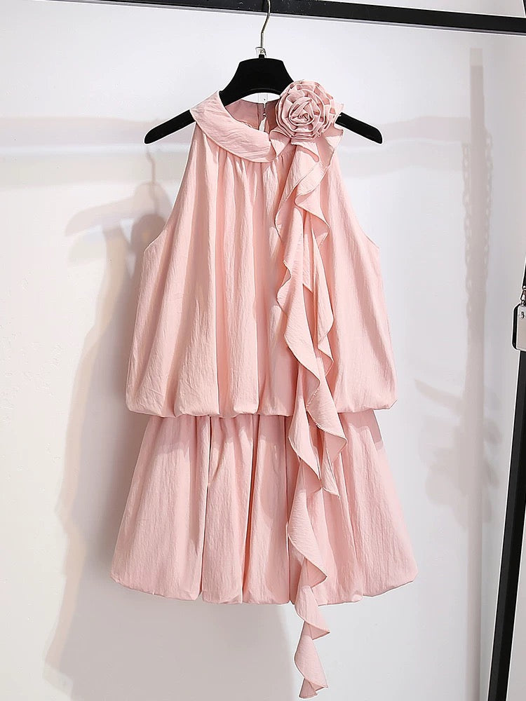 Beautiful mint green sleeveless top fluffy flower bud short skirt two-piece suit female 2025 summer new halter neck dress