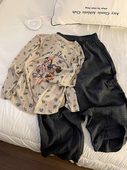 Stylish Plus-Size Long-Sleeve Pajama Set with Pony Motif – Early Autumn 2026 New Arrival (Suitable for Lounging or Casual Outings)