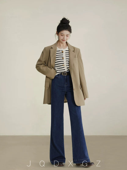The rise of small women's low-leg bell bottoms, spring and autumn high-waisted bootcut jeans, dark blue loose wide-leg pants