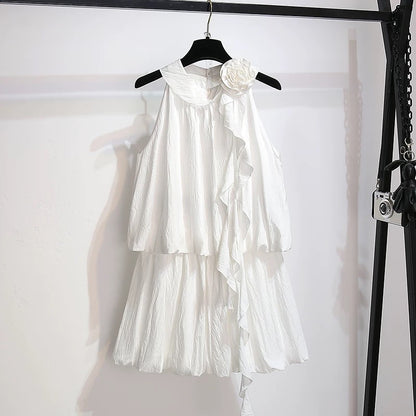 Beautiful mint green sleeveless top fluffy flower bud short skirt two-piece suit female 2025 summer new halter neck dress