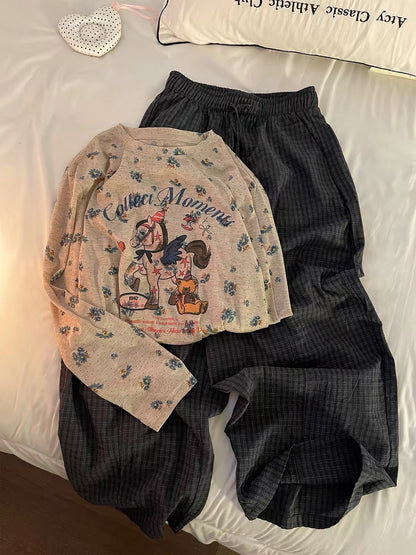 Stylish Plus-Size Long-Sleeve Pajama Set with Pony Motif – Early Autumn 2026 New Arrival (Suitable for Lounging or Casual Outings)