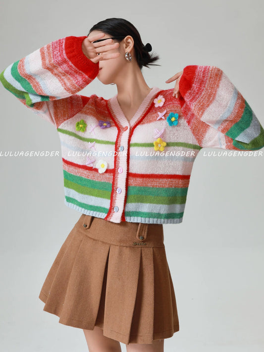 Lulu's Chanel-inspired versatile and youthful knitted cardigan, a new autumn/winter style with unique rainbow stripes.