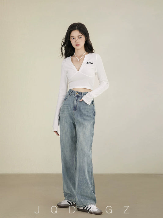 The rise of small straight-leg soft jeans for women spring high-waisted 150cm slim wide-leg pants casual pants