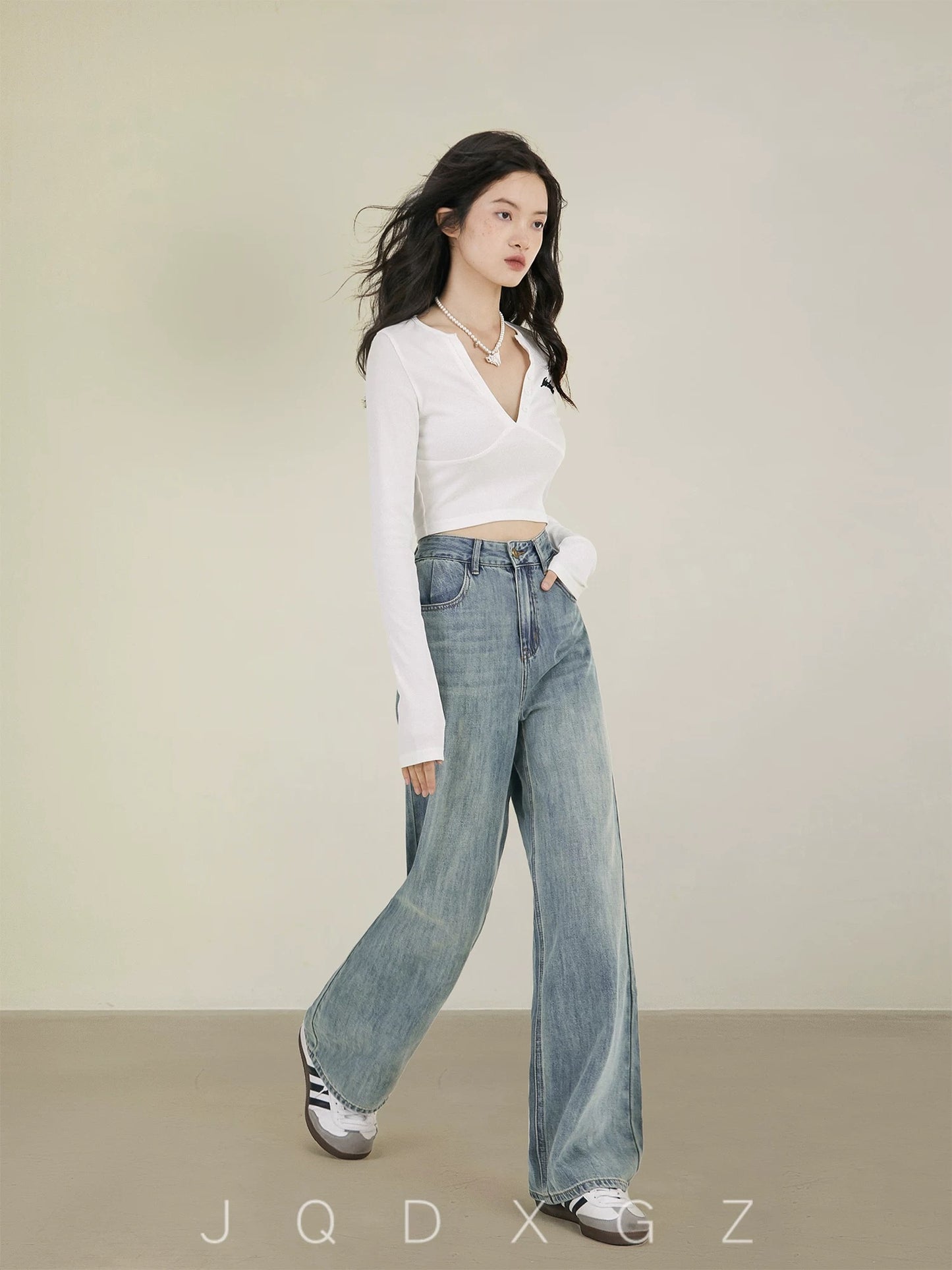 The rise of small straight-leg soft jeans for women spring high-waisted 150cm slim wide-leg pants casual pants