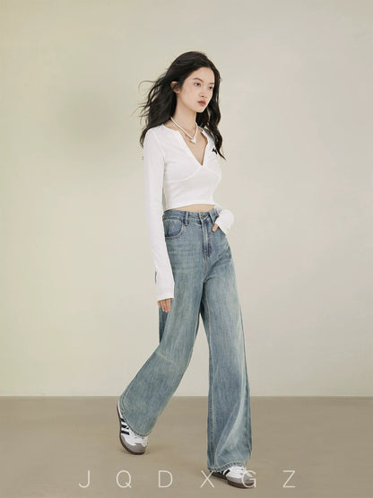 The rise of small straight-leg soft jeans for women spring high-waisted 150cm slim wide-leg pants casual pants